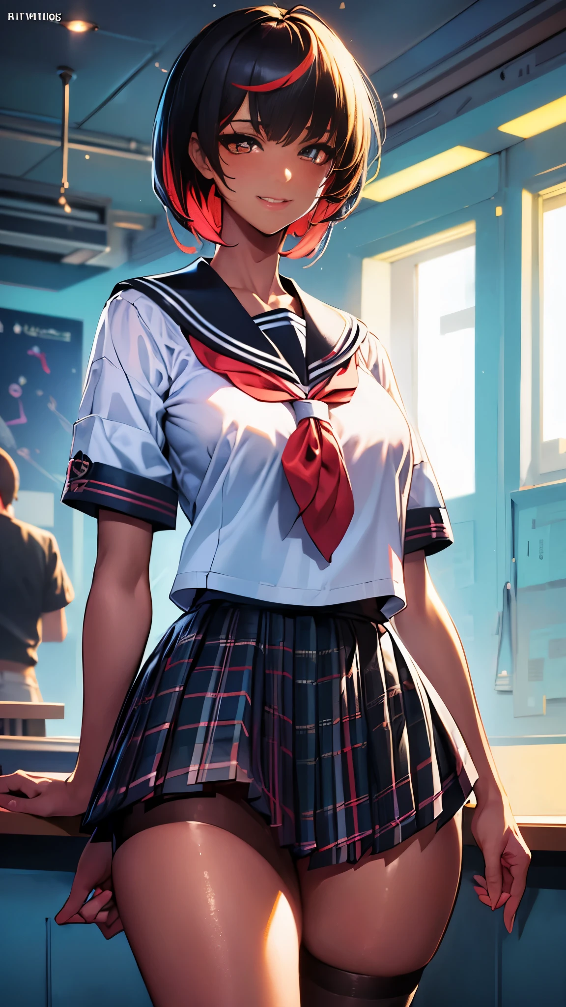 ((masterpiece)),(perfect anatomy),((best quality)),((ultra-detailed)),(illustration),(high resolution),((Latina)),((strong dark skin)),((gyaru)),((stylish)),((gorgeous)),((semirealistic)),((dark skinned girl)),((Feminine)),(((comic aun))),(((misaki kurehito))),((dutch angle,standing,various shot)),(perfect hands),(delicate and beautiful),(beautiful detailed eyes),female only,8k wallpaper,(high quality artwork),detailed face,beatiful face,((misaki kurehito like face)),masterwork,best quality,incredibly absurdres,hyper intricate,extremely detailed girl,vibrant eyes,ray tracing,((vibrant colors)),detailed legs,((detailed sailor style school uniform)),((detailed black socks)),((mini pleated tartan check skirt)),smirk,indoors,school background,extreamy,sunshine,((multicolored streaked very short hair)),((various very short pixie hair)),highest quality,80mm,ultra detailed,8k,4k,intricate,highly detailed,ambient light3,cinematic composition3,HDR,Accent Lighting,original,highres 