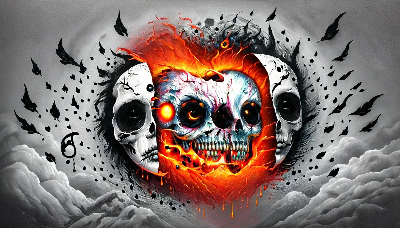High Resolution, High Quality , Masterpiece .Hyper-realistic ink drawing with surreal colors, elements of absurdity in the style of Ross Tran featuring postal envelopes aflame as a reference to Roby Dwi Antono, letters, broken hearts, skulls, and a treble clef ascending into a starry sky, chiaroscuro lighting enhancing symbols of departed love, a moon adorned with eyes emitting an air of melancholy, atmospheric mood.