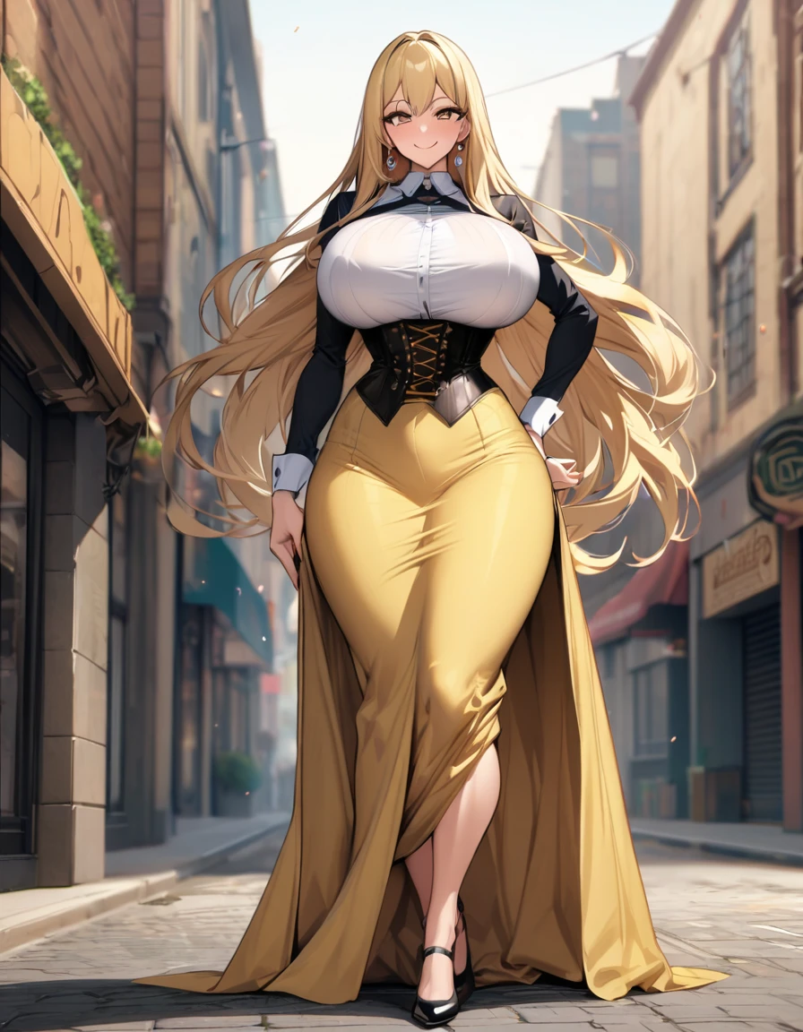 blonde hair color,long hair,light brown eyes,corset, long skirt,earrings,huge breasts,Whipped thighs,slender,near,street background,SFW,perfect,high quality,faultless,smile