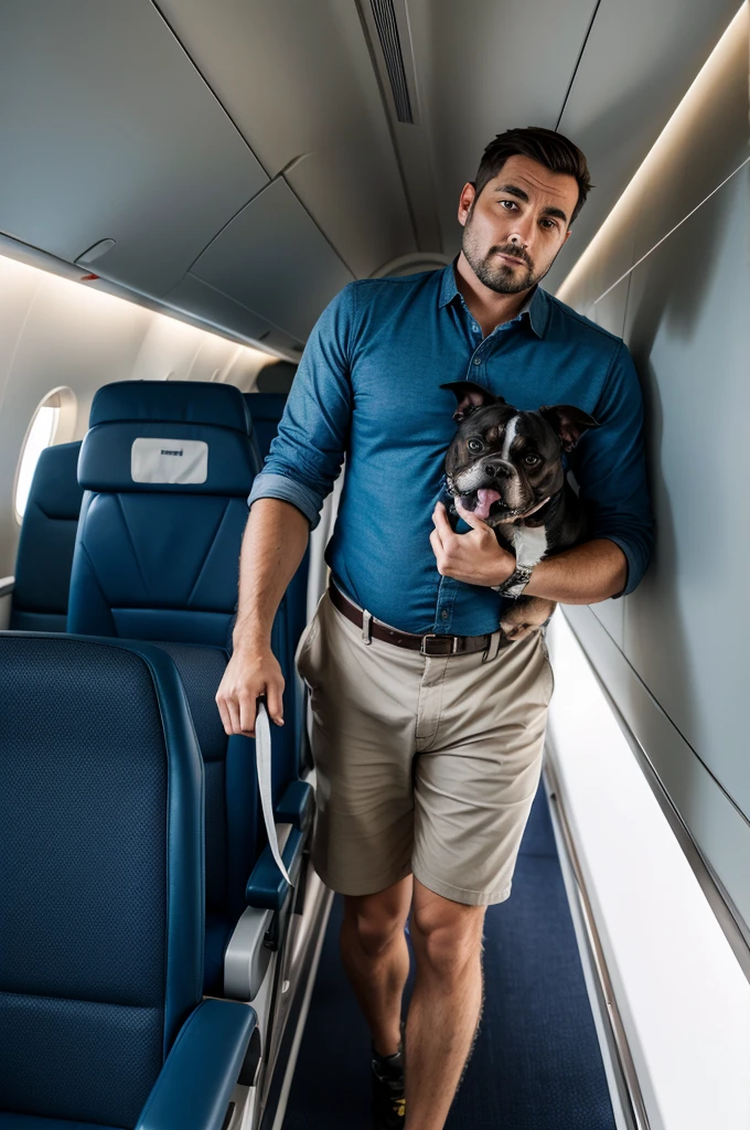adult man with his dog inside the plane going to travel, absurdrez, high resolution, ultra detaild