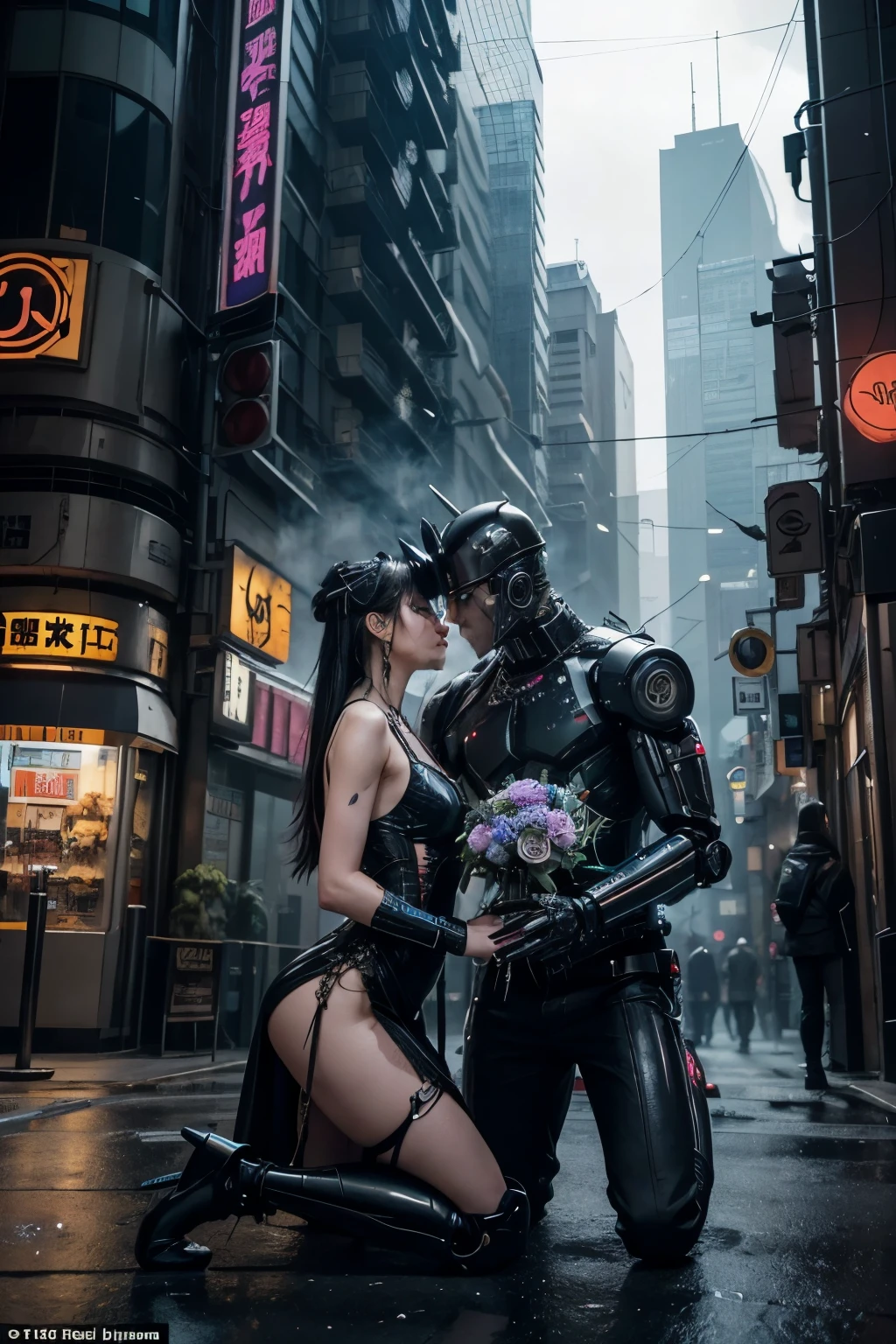 Acting as a detailed and realistic Cyberpunk designer! Generate an image of two robots kneeling in front of each other. They hand each other a bouquet of flowers! A bionic being, half man and half machine(ROBO) is kneeling in a dystopian cybepunk world, Light background colors reveal details of the cybercity with lots of Japanese advertising in colorful neon! The bionic man delivers on his knees, black roses for a Bionic Being(robot woman) half machine and half human standing in front of you, with a long, torn black dress and purple eyes modified with cyberpunk technology! The man wears a well-torn top hat with gears! And the woman wears a long, torn dress with chains hanging from it.! They visibly have body parts replaced with cybernetic prosthetics, Both the man and the woman are half robot and half human. Parts that blend in with their body flesh! This Cyberhuman couple is surrounded by advanced technology on a different planet, with a lot of Japanese propaganda, lots of gear in buildings and cars! And smoke coming out of the manholes with a lot of Japanese advertising with a lot of neon, full of buildings and robots. He wears a torn top hat and she wears a long dress! They are both robots!