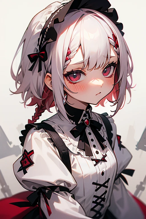 Short white hair, blush, Gothic Lolita、Punk Fashion、Headbang 2.、White and red clothes、Braiding、2 hair clips、