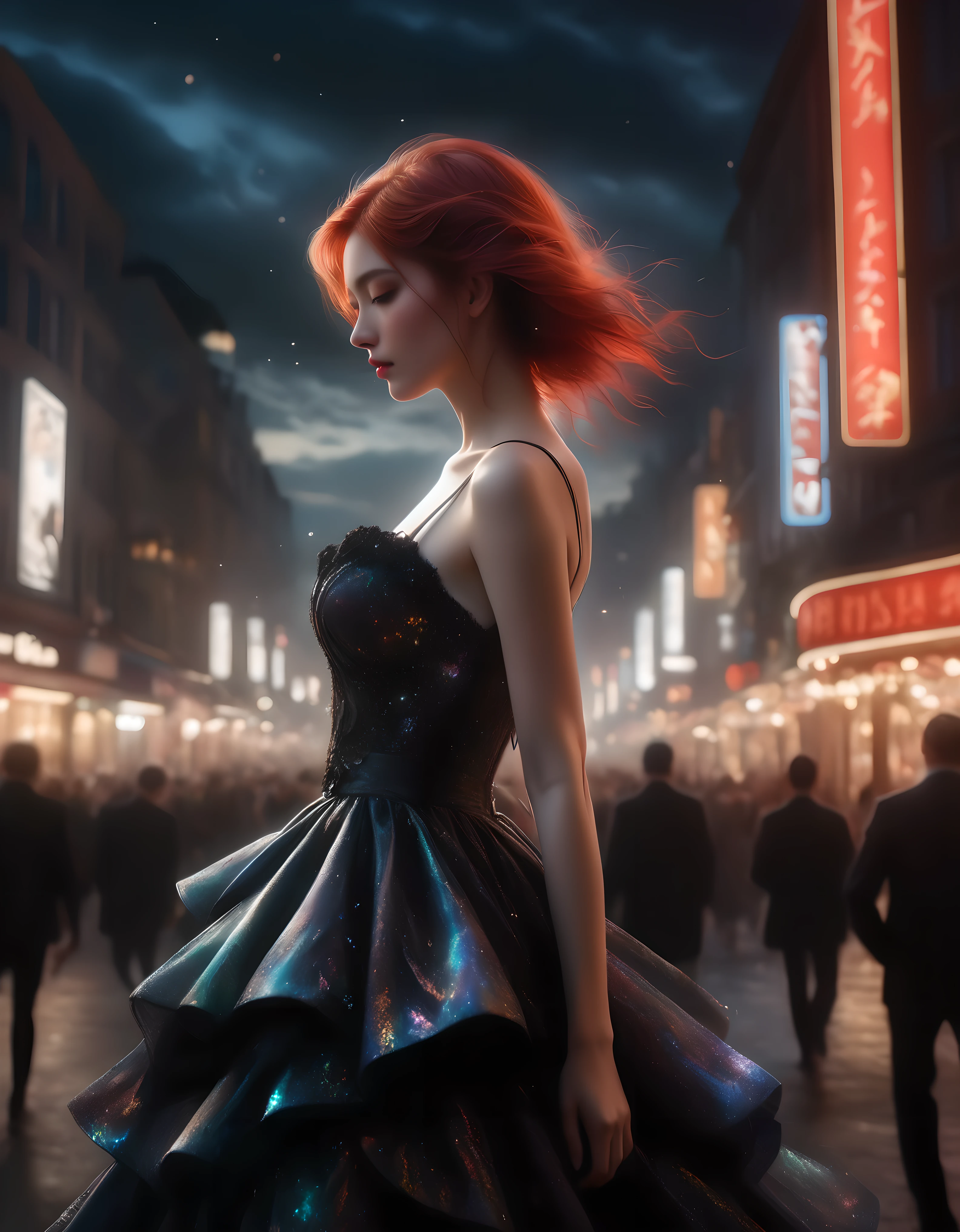 ((Masterpiece in maximum 16K resolution):1.6),((soft_color_photograpy:)1.5), ((Ultra-Detailed):1.4),((Movie-like still images and dynamic angles):1.3) | ((double contact):1.3), ((Romantic Supermodel beauty with evening dress silhoutte effect):1.2), ((Superimposed on Red head Pretty Female):1.1), ((Dark City Sky):1.3), Agnes Cecile, Jeremy Mann, Oil and ink on canvas, fine dark art, super dramatic light, photoillustration, amazing depth, the ultra-detailed, iridescent black, superfluous dreams, intricately details, amazing depth, Amazing atmosphere, Mesmerizing whimsical vibrant landscapes, ((Majestic Evening Dress):1.2), Maximalism ((beautiful outside, Ugly inside, pressure and pain, beauty and despair, hard and soft, positive and negative, hot and cold, Sweet and sour, Vibrant but boring, Perfect harmony, light and shadows, old and young, Black and white, Corresponding color, loud and quiet, Chaos and peace, life and death):1.2) The complex masterpiece of a real-time engineering leader. | Rendered in ultra-high definition with UHD and retina quality, this masterpiece ensures anatomical correctness and textured skin with super detail. With a focus on high quality and accuracy, this award-winning portrayal captures every nuance in stunning 16k resolution, immersing viewers in its lifelike depiction. | ((perfect_composition, perfect_design, perfect_layout, perfect_detail, ultra_detailed)), ((enhance_all, fix_everything)), More Detail, Enhance.