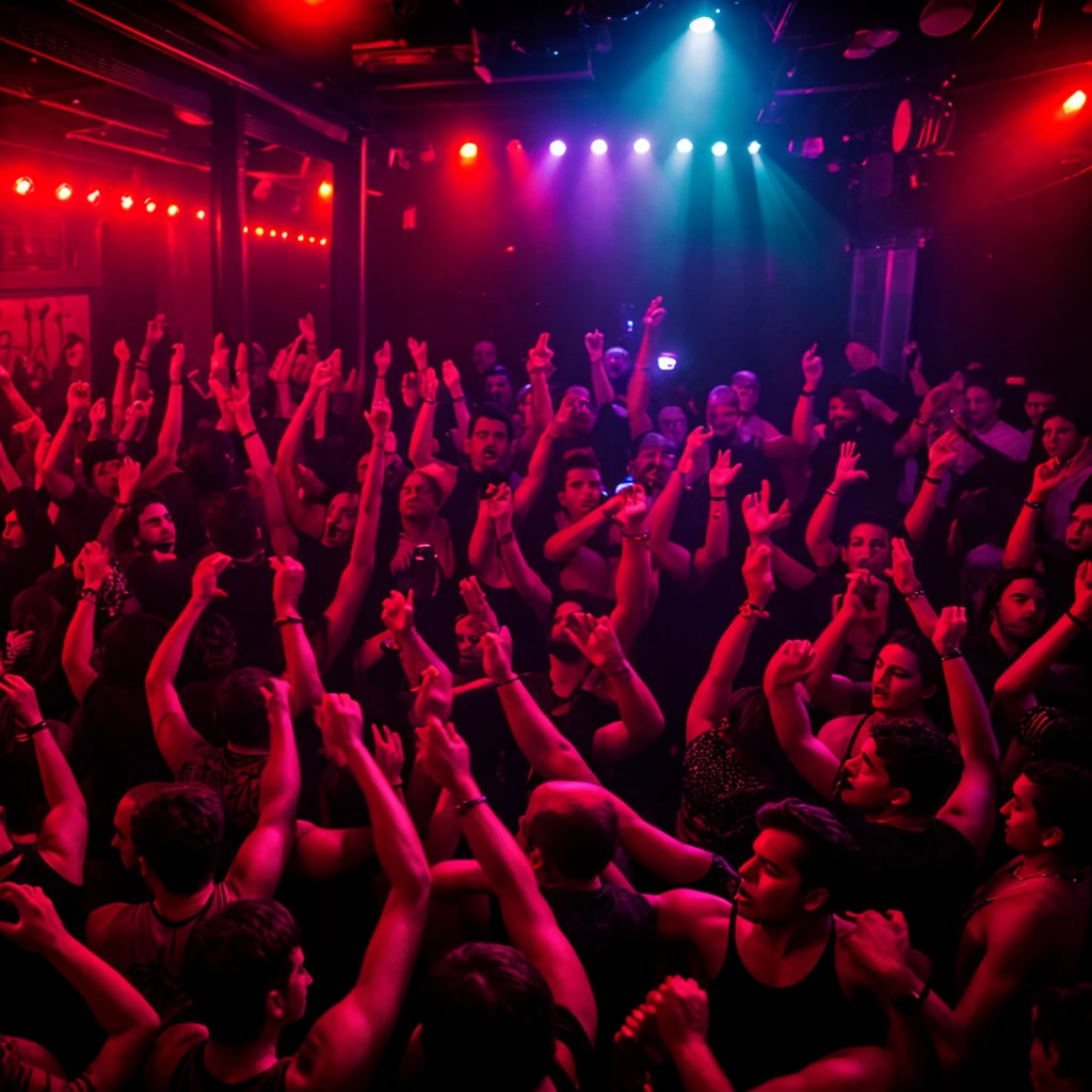 Alternative nightclub de noche. Party at a nightclub, with people dancing and drinking. punk people, dancing and drinking between red lights. With red lights. Alternative nightclub, with punk people. Party with many people. Games of red lights and shadows.

