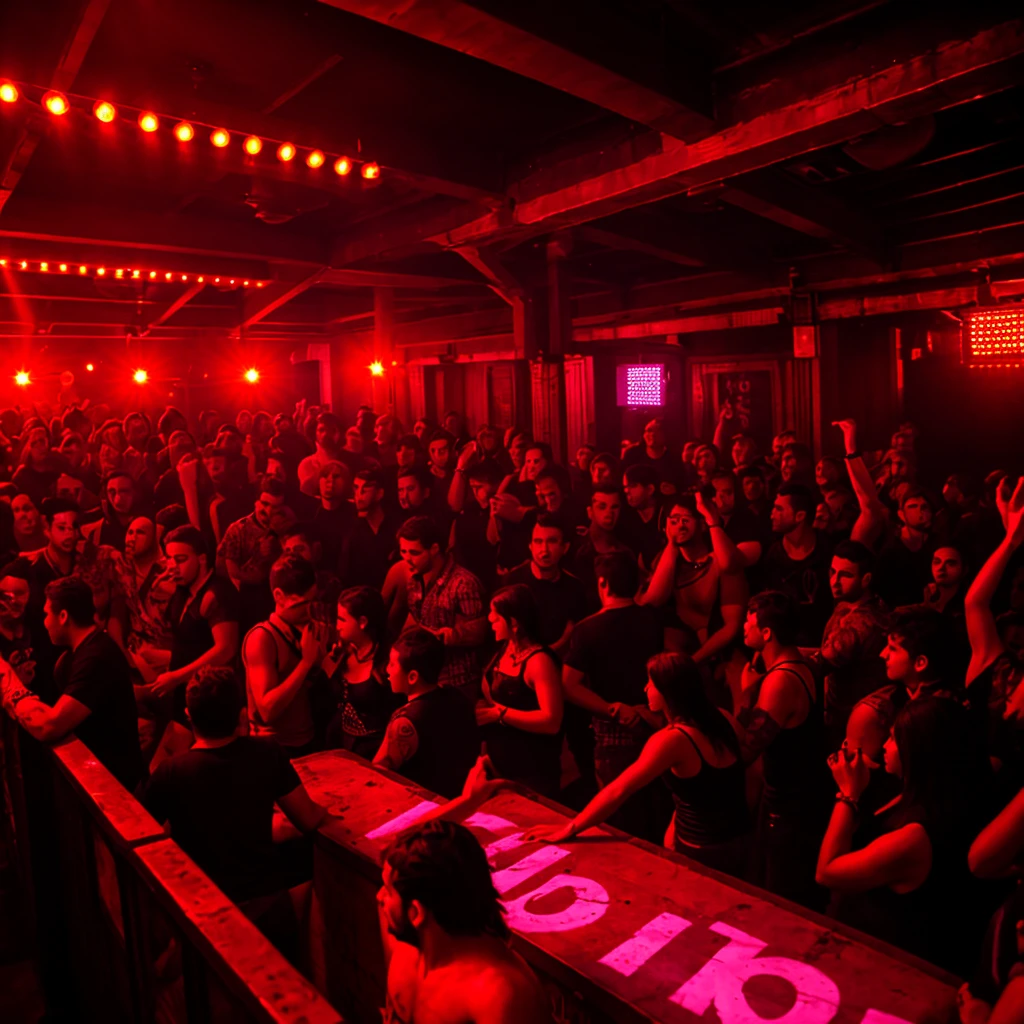 Alternative nightclub de noche. Party at a nightclub, with people dancing and drinking. punk people, dancing and drinking between red lights. With red lights. Alternative nightclub, with punk people. Party with many people. Games of red lights and shadows.