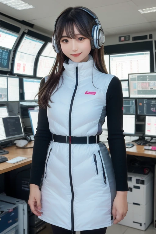 masterpiece, Highest quality, Very detailed, 8K Portrait,Japanese Android Girl,plump , Control panel,Robotic arms and legs, Blunt bangs,,break (Metallic Gray, Metallic luster, Mirror finish, Astro Best):5,headphone:5,break (Black sleeves):100,Smart Watches,Futuristic space station,Control Room,break headphone,blue eyes,(Black Hair):2,(Long Hair):1.3,Displaying the viewer,(respirator),break blush:3,Hidden Hand,smile