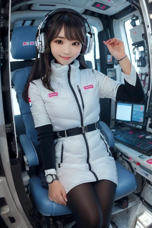 masterpiece, Highest quality, Very detailed, 8K Portrait,Japanese Android Girl,plump , Control panel,Robotic arms and legs, Blunt bangs,,break (Metallic Gray, Metallic luster, Mirror finish, Astro Best):5,headphone:5,break (Black sleeves):100,Smart Watches,Futuristic space station,Control Room,break headphone,blue eyes,(Black Hair):2,(Long Hair):1.3,Displaying the viewer,(respirator),break blush:3,Hidden Hand,smile