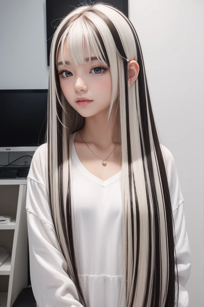 Create a girl with straight hair with white highlights