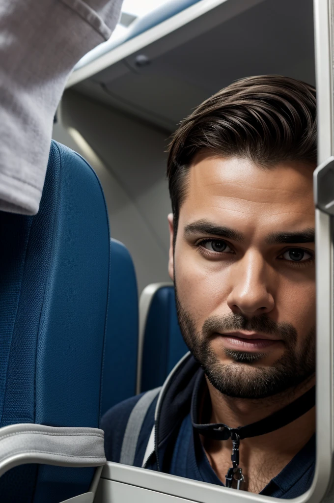 adult man with his dog inside the plane going to travel, high resolution, ultra detaild