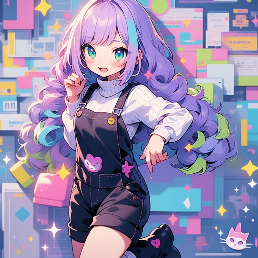 Neko girl with lavender dungarees, long lavender hair, a playful colorful sweater, and colorful rubber boots