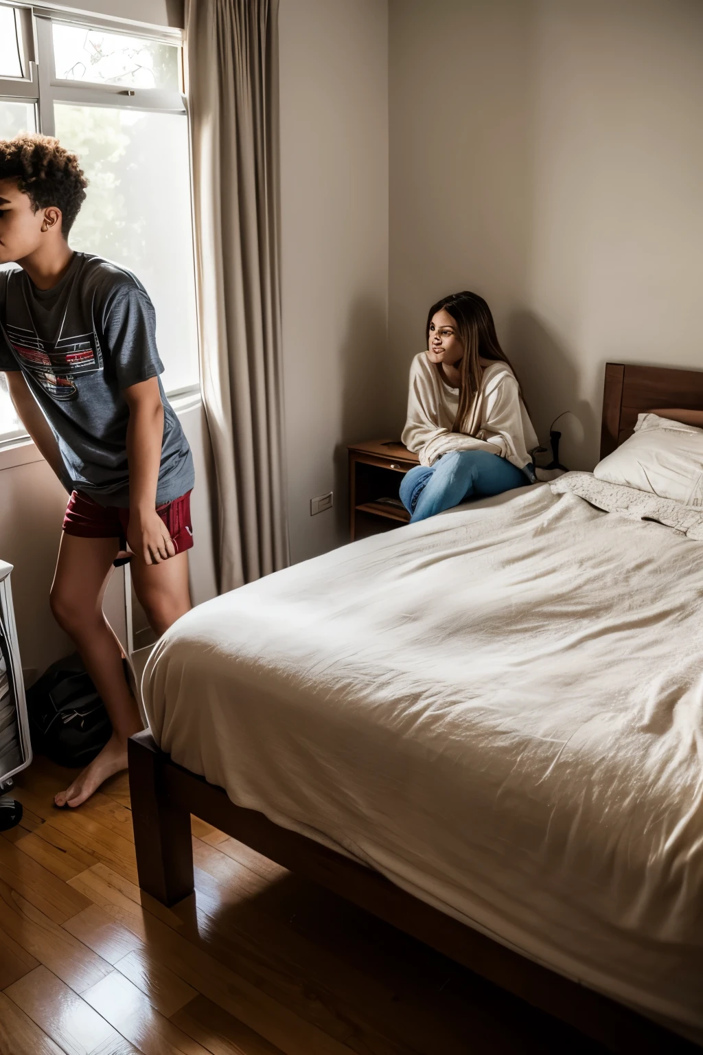 A couple of teenagers in a room of a house in front of a bed