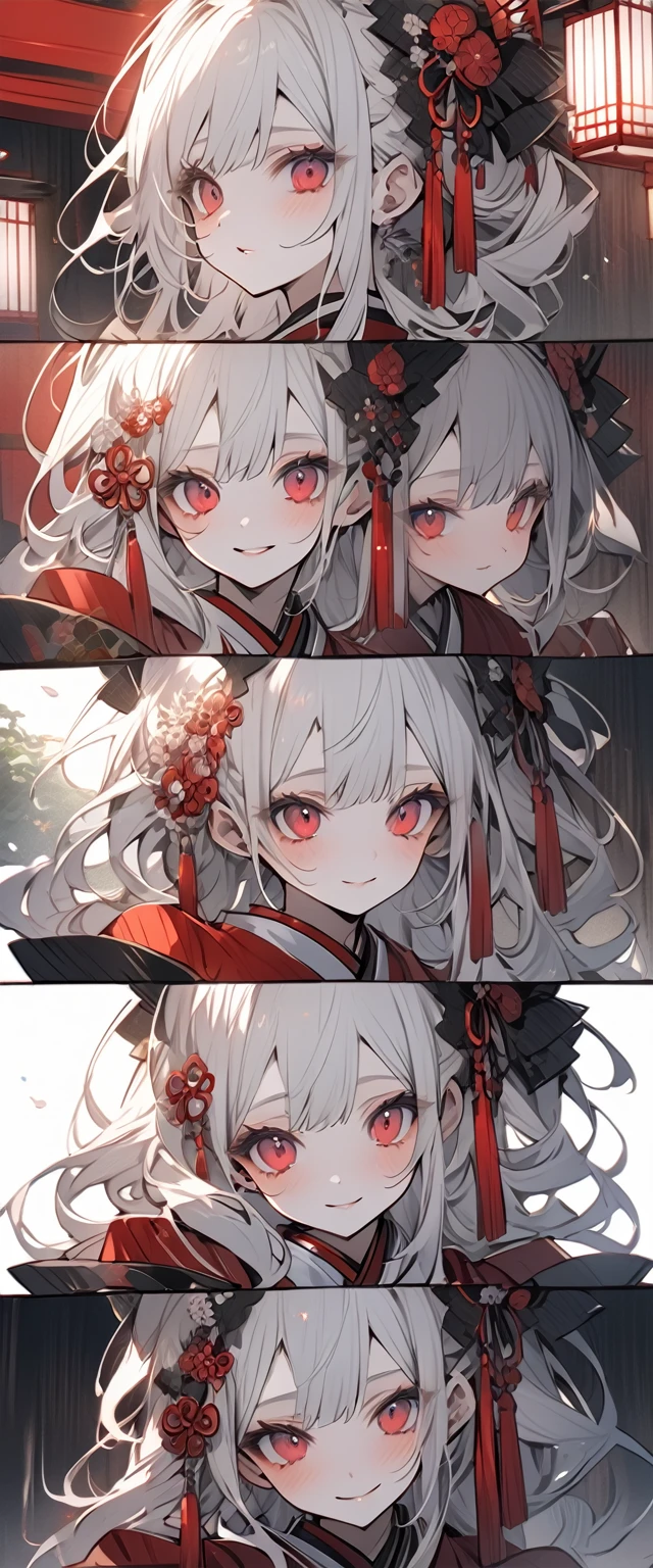 Beautiful courtesan from Edo Japan, white hair, pale skin, crimson red eyes, soft expressions, in a traditional Japanese estate