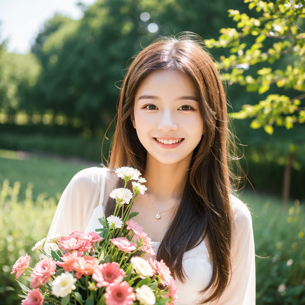Create an image of a young woman around 25 years old, inspired by the provided image. The woman should have long, flowing hair and a gentle smile, holding a bouquet of flowers similar to the one in the reference. The setting should be a beautiful outdoor environment with greenery in the background, reminiscent of a sunny day. The woman should have a slightly more mature appearance while maintaining a warm and friendly expression. Ensure the lighting and color tones are soft and natural, highlighting her youthful yet mature beauty.