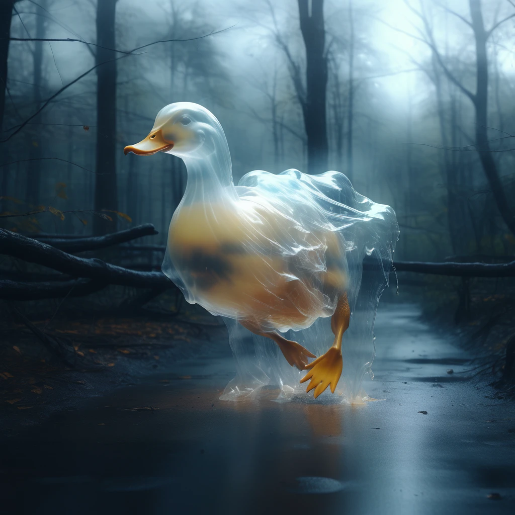 a (translucent ghost duck:1.1) running, forest, raining,
8k, high quality, surreal,
