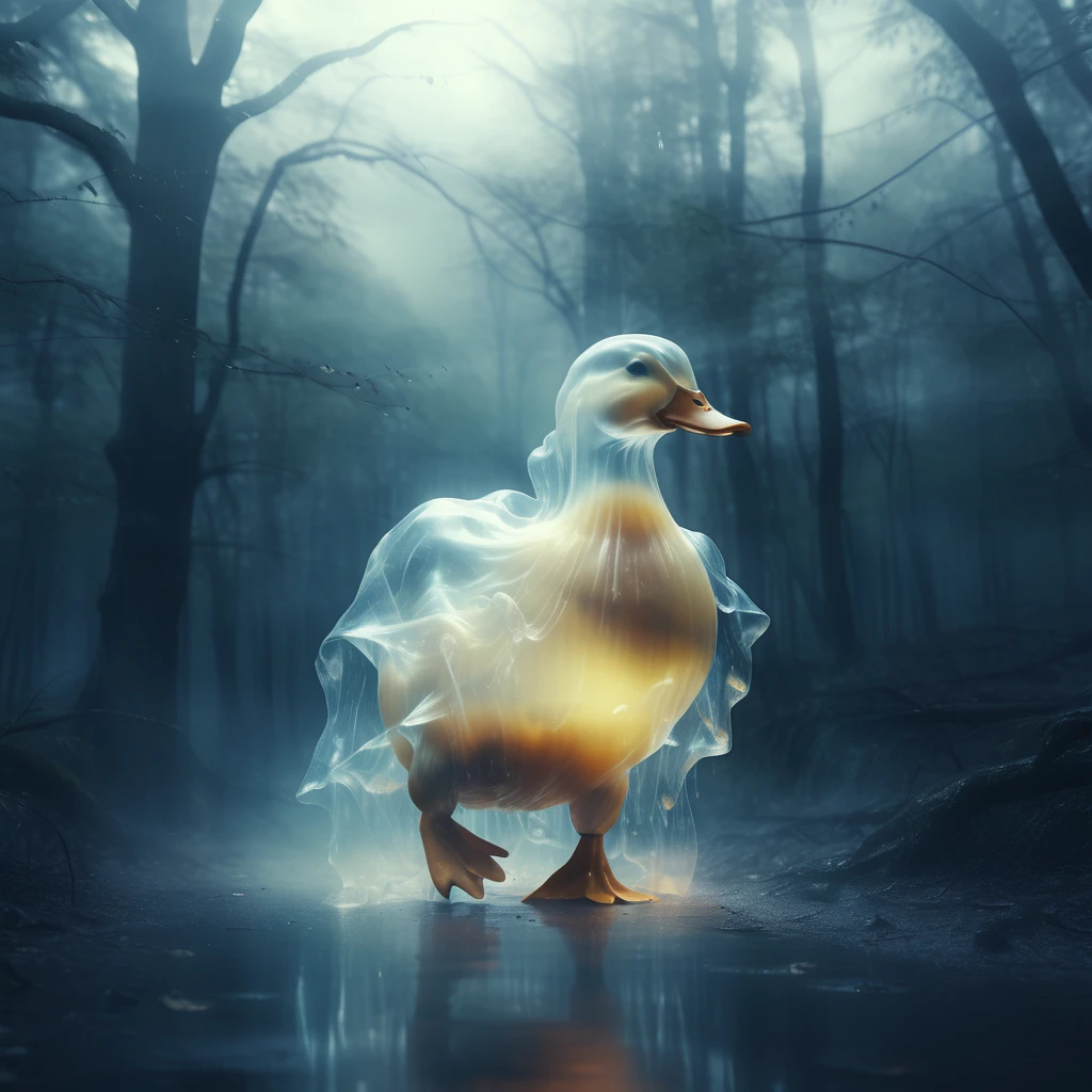 a (translucent ghost duck:1.1) running, forest, raining,
8k, high quality, surreal,
