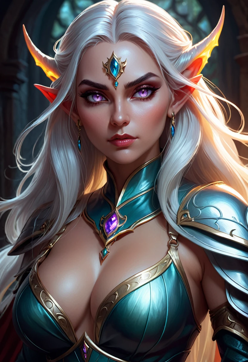 studio portrait of female demon, long whit hair, d&d, rpg,   forgotten realms, artstation trending, high quality, sombre mood, artstation trending, , fantasy, extremely detailed, digital painting, artstation, concept art, smooth, sharp focus, illustration, stunning lighting, art by artgerm and greg rutkowski,  curvy woman,  mature woman,   beautiful face, harmonic face, best quality, amazing expressive eyes, fantasy character,   beautiful and elegant elf queen, unreal motor render,  grumpy lighting, glow, bright, mysterious, mystical, magical, rim lighting, vibrant, psychedelic  armor