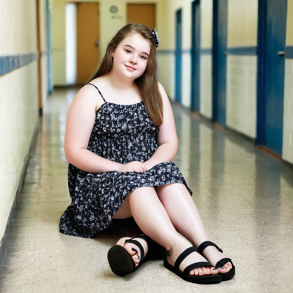 Chubby charming pale polish girl wearing sundress and simple black flip flops sits on the floor of school corridor