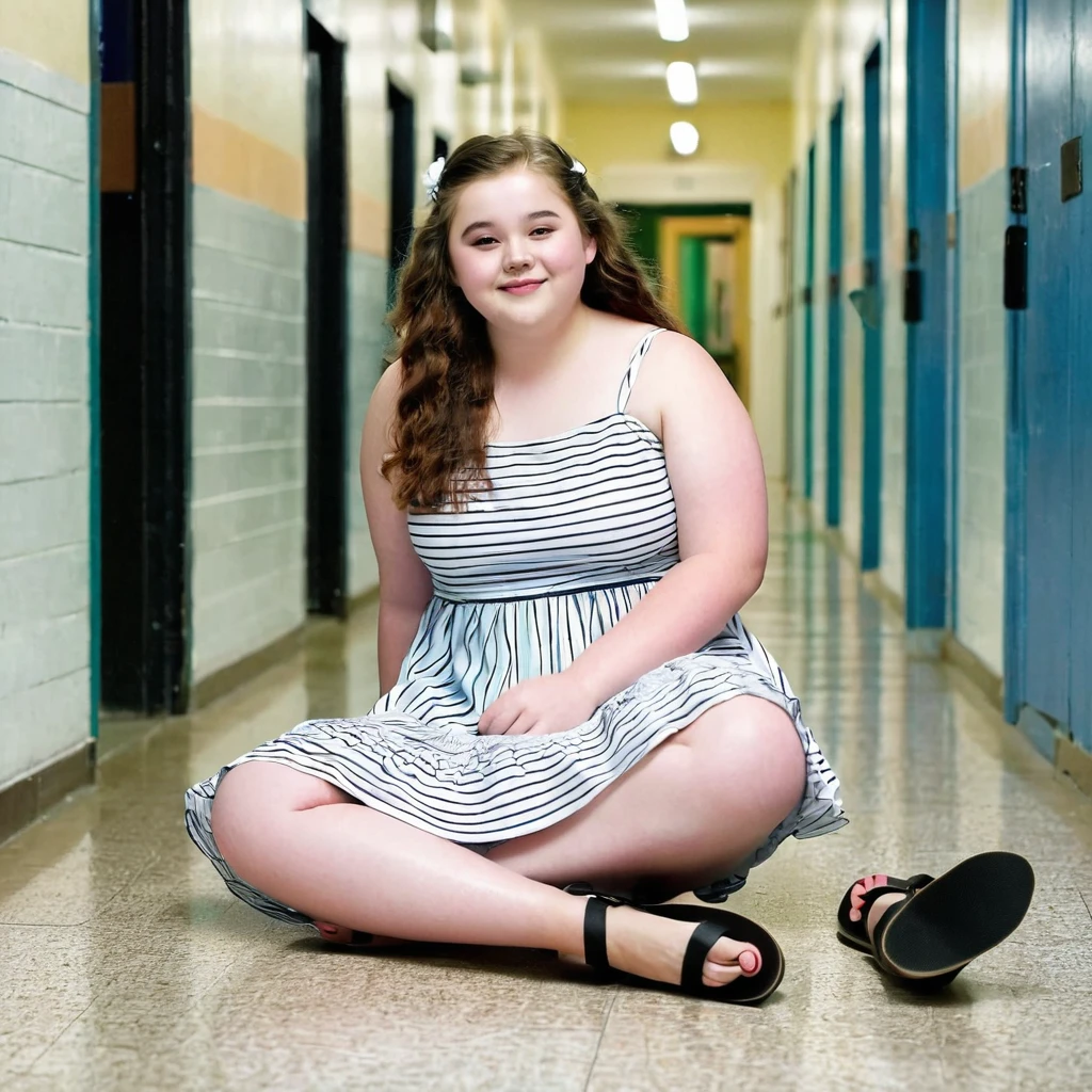 Chubby charming pale polish girl wearing sundress and simple black flip flops sits on the floor of school corridor