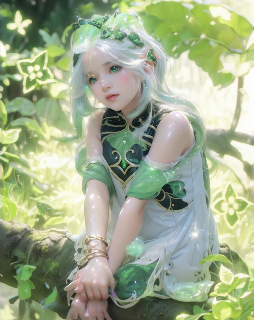 ( NAHIDA_GENSHIN IMPACT),((realistic, photorealistic)),(highlight hair)), Light reflection, (( HD )),((upper body)), (((best quality, masterpiece))), (masterpiece) (best quality) (detail) (8k) (HDR) (wallpaper) (cinematic lighting) (sharp focuasterpiece, best quality: 1.1), Real life adaption of this character, Asian beauty face, Shining Purple eyes, realistic outfit, realistic shadow, realistic light, realism, hyper realistic, realistic background,(photorealistic:1.2), 1girls,Background of god tree, magic plant, creeper roots, glowing, base of magic plant,Sunlight, vines on trees, flying light, elf-eared,Flying leaves, motion blur, loose hair, white hair, wind lines,fallen tree foreground blur,tree background, creeping tree roots, floating robes, floating hair, light sun, Particles light,Sitting on a tree,Green slime lands on top of head, glow effect, leaves, light particles