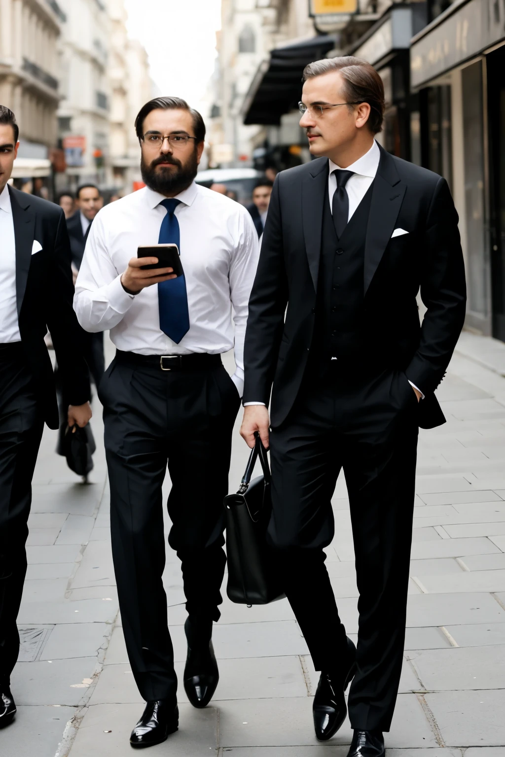 Plato in a suit and tie looks like a gentleman next to Nietzsche who looks powerful in a black t-shirt and boots, standing in a street and looking at Vakhter and sexy boys who are busy using mobile phones.