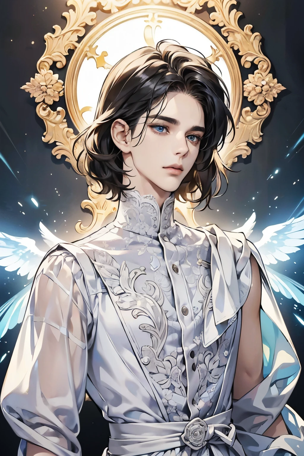 "Highly detailed, photorealistic digital portrait of a stunningly beautiful young adult male with an androgynous, ethereal appearance. He has short, fluffy black hair with natural curls that frame his delicate, symmetrical facial features.
His captivating blue eyes are large, expressive and draw the viewer in. The eyes should be rendered with exceptional realism, with accurate depth, dimension and realistic iris, pupil and sclera details. The gaze should be direct and engaging, avoiding any unnatural or unsettling qualities.
Special focus should be placed on capturing the lifelike, soulful quality of the eyes, making them appear three-dimensional, lifelike and full of emotion. The eyes should not appear flat, artificial or lifeless in any way.
His pale, porcelain-like skin has a soft, almost luminous quality, with rosy, flushed cheeks that lend him a youthful, almost feminine charm. Despite his delicate features, he maintains a distinctly masculine presence. He is clean-shaven, with no facial hair.
The young man’s physique appears lithe and androgynous, neither overly muscular nor delicate. His build contributes to his overall enchanting, otherworldly aura.
He is wearing a meticulously detailed white blouse with intricate lace and embroidery accents, along with black shorts. The contrast between the angelic white top and the darker, more grounded shorts creates an intriguing visual juxtaposition.
The composition and lighting should emphasize the model’s captivating gaze and flawless, porcelain-like skin, making him appear almost luminescent and dreamlike against a soft, hazy background. The overall mood should be one of androgynous, youthful beauty and allure."