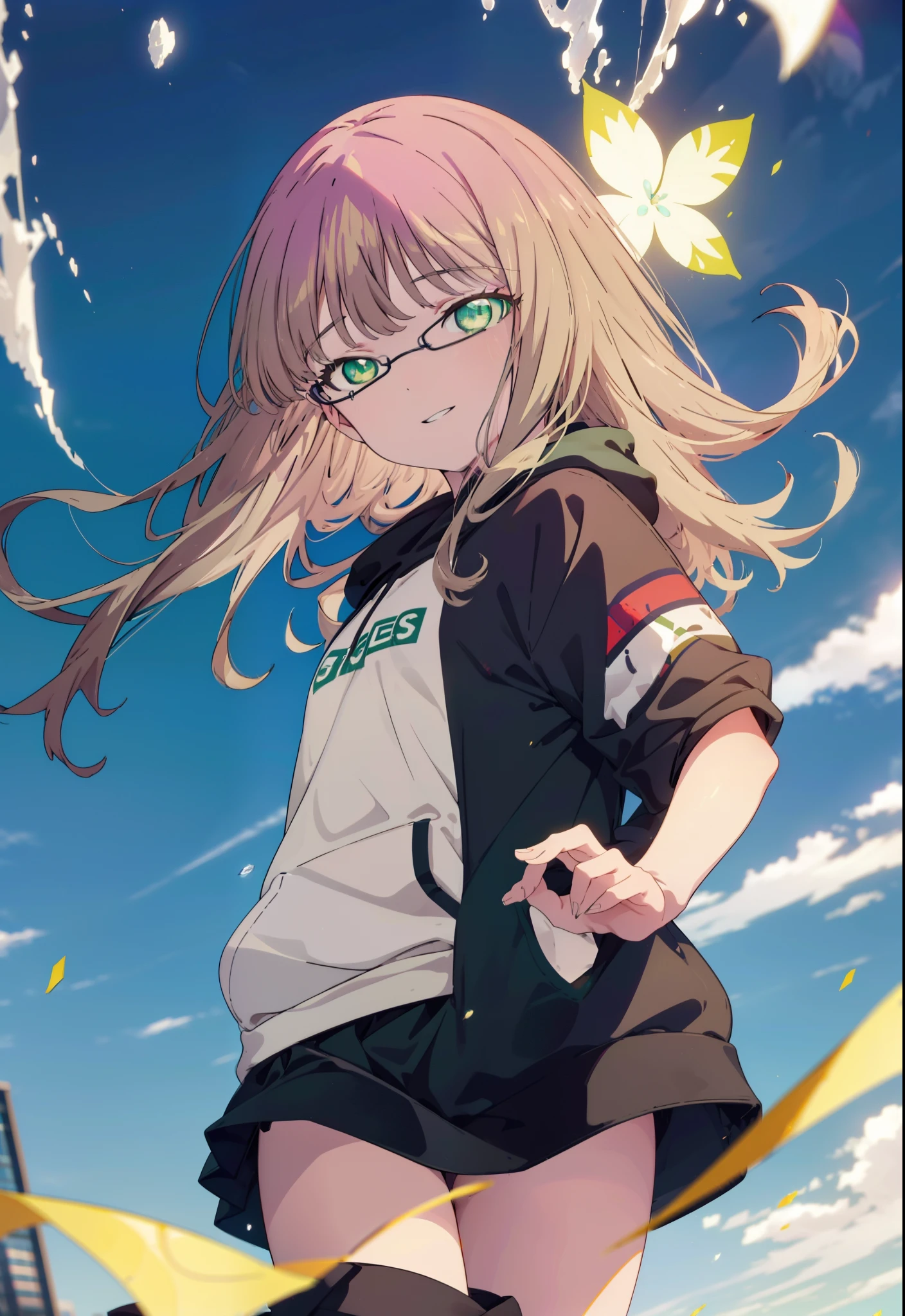 minami yume ,sss Dynazenon ,Long Hair, Brown Hair, (Green Eyes:1.5) ,Center of chest,hair band,happy smile, smile, Open your mouth, Black-rimmed glasses,Oversized red hoodie,Blue long skirt,short boots,Walking,whole bodyがイラストに入るように
break looking at viewer, whole body,(Cowboy Shot:1. 5),
break outdoors, Building district,
break (masterpiece:1.2), Highest quality, High resolution, unity 8k wallpaper, (shape:0.8), (Beautiful and beautiful eyes:1.6), Highly detailed face, Perfect lighting, Extremely detailed CG, (Perfect hands, Perfect Anatomy),