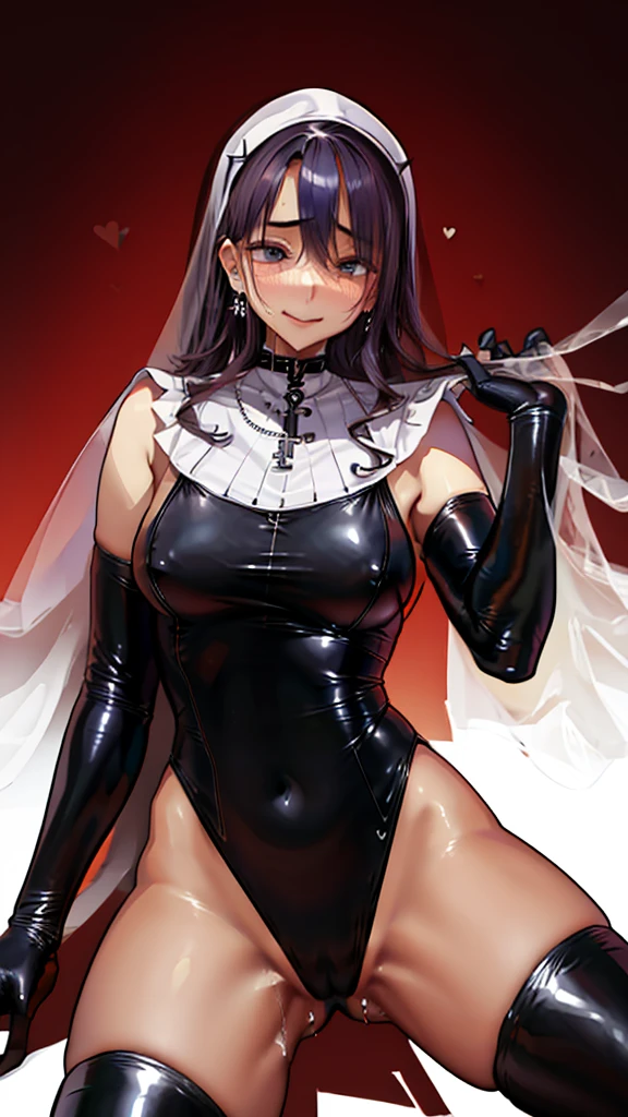A beautiful woman dressed as a church sister, Strike a pose gracefully. She has a perfect face、, Expressive eyes, long flowing hair, And a kind smile. Her body is perfectly balanced, With a slim waist and beautiful curves. 彼女の教会のNunsたちの衣装は伝統的な要素で飾られている., Includes a modest dress with a veil and intricate embroidery. The embroidery is delicate, beautiful, Casually sexy, Enhance the elegance of your outfit. This dress has a high neck and long sleeves.., Decorated with lace and intricate patterns. The veil is of high quality, The translucent material flows gracefully over the shoulders.. The background is soft and blurred、Focus on her.. Make your underarms look natural、Maintaining balance throughout the body. The character needs to appear graceful and confident... Show me your armpits, Embarrassing, Are crying, anger, (Nuns),(Cross Necklace), Latex bodysuit, Shiny clothes, Perfect fit for your skin, habit, Latex gloves,Black bodysuit,Thigh-high boots, Sleeveless,