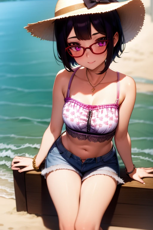 sona, purple eyes, black hair, short hair, glasses, hair clip, red frame glasses, white blouse with floral print, frayed denim shorts, brown leather sandals with braided details, colorful bracelet, straw hat with ribbon blue, (in teh beach)