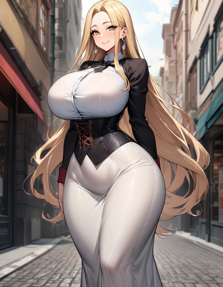 blonde hair color,long hair,light brown eyes,corset, long skirt,earrings,huge breasts,Whipped thighs,slender,near,street background,SFW,perfect,high quality,faultless,smile