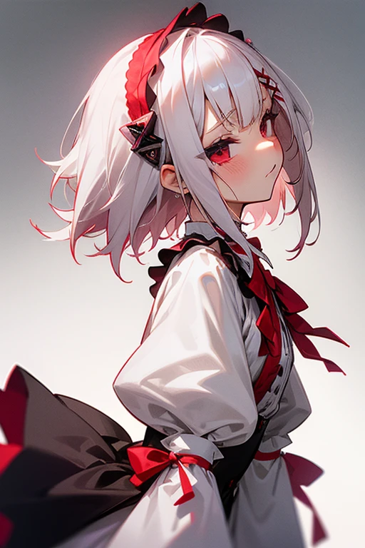 Short white hair, blush, Gothic Lolita、Punk Fashion、Headbang 2.、White and red clothes、Braiding、2 hair clips、