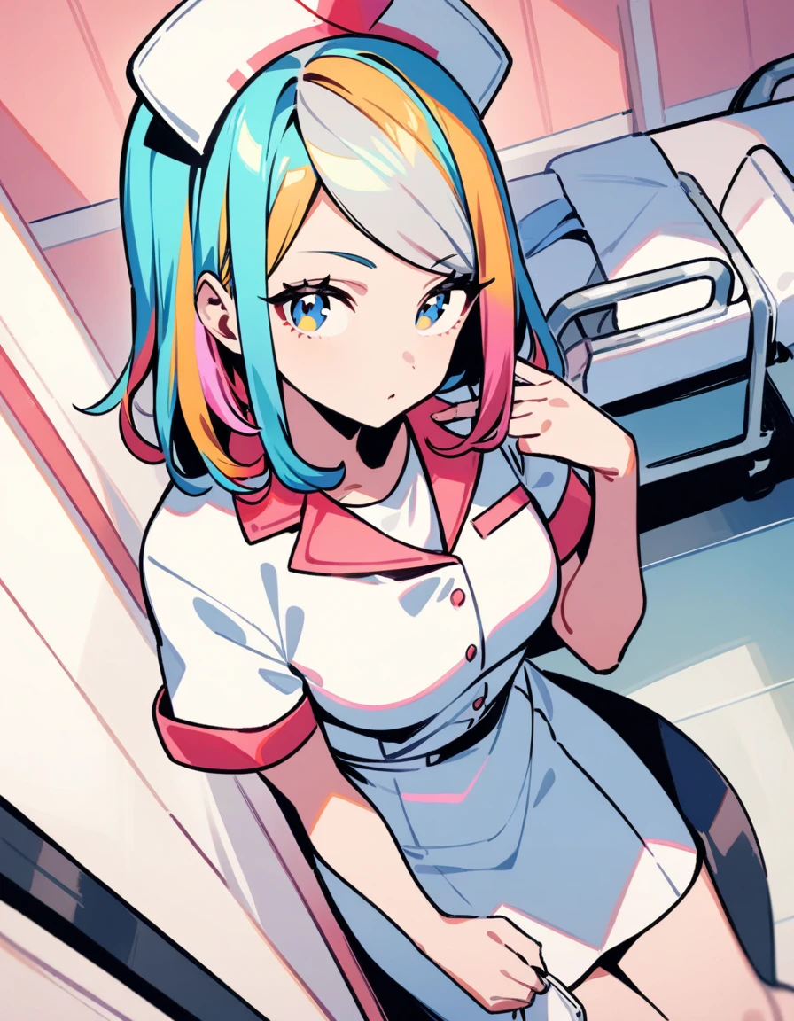 One girl,nurse、Nurse uniform、hospital, Multicolored Hair, ,,Sideways glance, Hyper Pop, Retro feel, overview, masterpiece, Highest quality