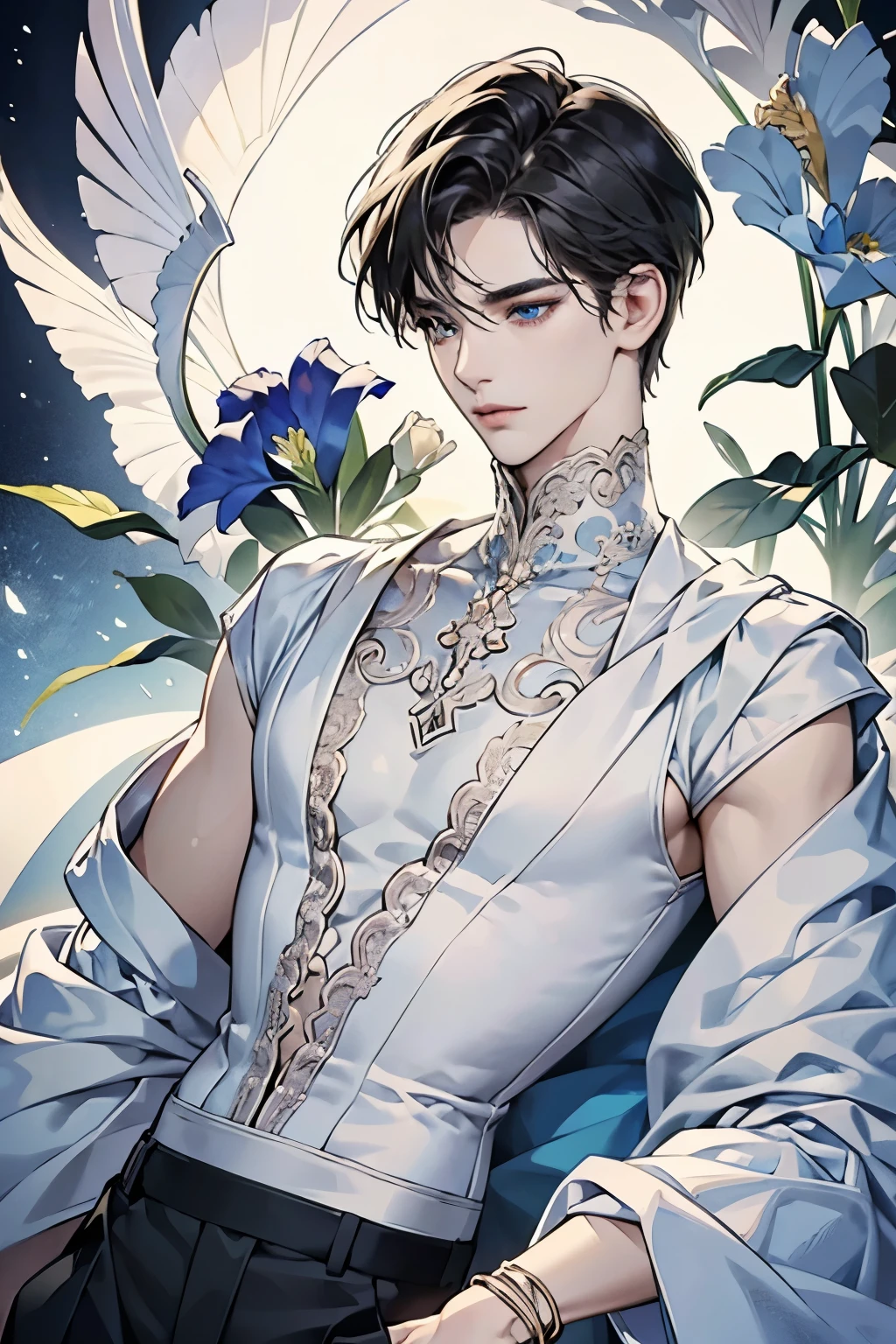 "Highly detailed, photorealistic digital portrait of a stunningly beautiful young adult male with an androgynous, ethereal appearance. He has short, fluffy black hair with natural curls that frame his delicate, symmetrical facial features.
His captivating blue eyes are large, expressive and draw the viewer in. The eyes should be rendered with exceptional realism, with accurate depth, dimension and realistic iris, pupil and sclera details. The gaze should be direct and engaging, avoiding any unnatural or unsettling qualities.
Special focus should be placed on capturing the lifelike, soulful quality of the eyes, making them appear three-dimensional, lifelike and full of emotion. The eyes should not appear flat, artificial or lifeless in any way.
His pale, porcelain-like skin has a soft, almost luminous quality, with rosy, flushed cheeks that lend him a youthful, almost feminine charm. Despite his delicate features, he maintains a distinctly masculine presence. He is clean-shaven, with no facial hair.
The young man’s physique appears lithe and androgynous, neither overly muscular nor delicate. His build contributes to his overall enchanting, otherworldly aura.
He is wearing a meticulously detailed white blouse with intricate lace and embroidery accents, along with black shorts. The contrast between the angelic white top and the darker, more grounded shorts creates an intriguing visual juxtaposition.
The composition and lighting should emphasize the model’s captivating gaze and flawless, porcelain-like skin, making him appear almost luminescent and dreamlike against a soft, hazy background. The overall mood should be one of androgynous, youthful beauty and allure."