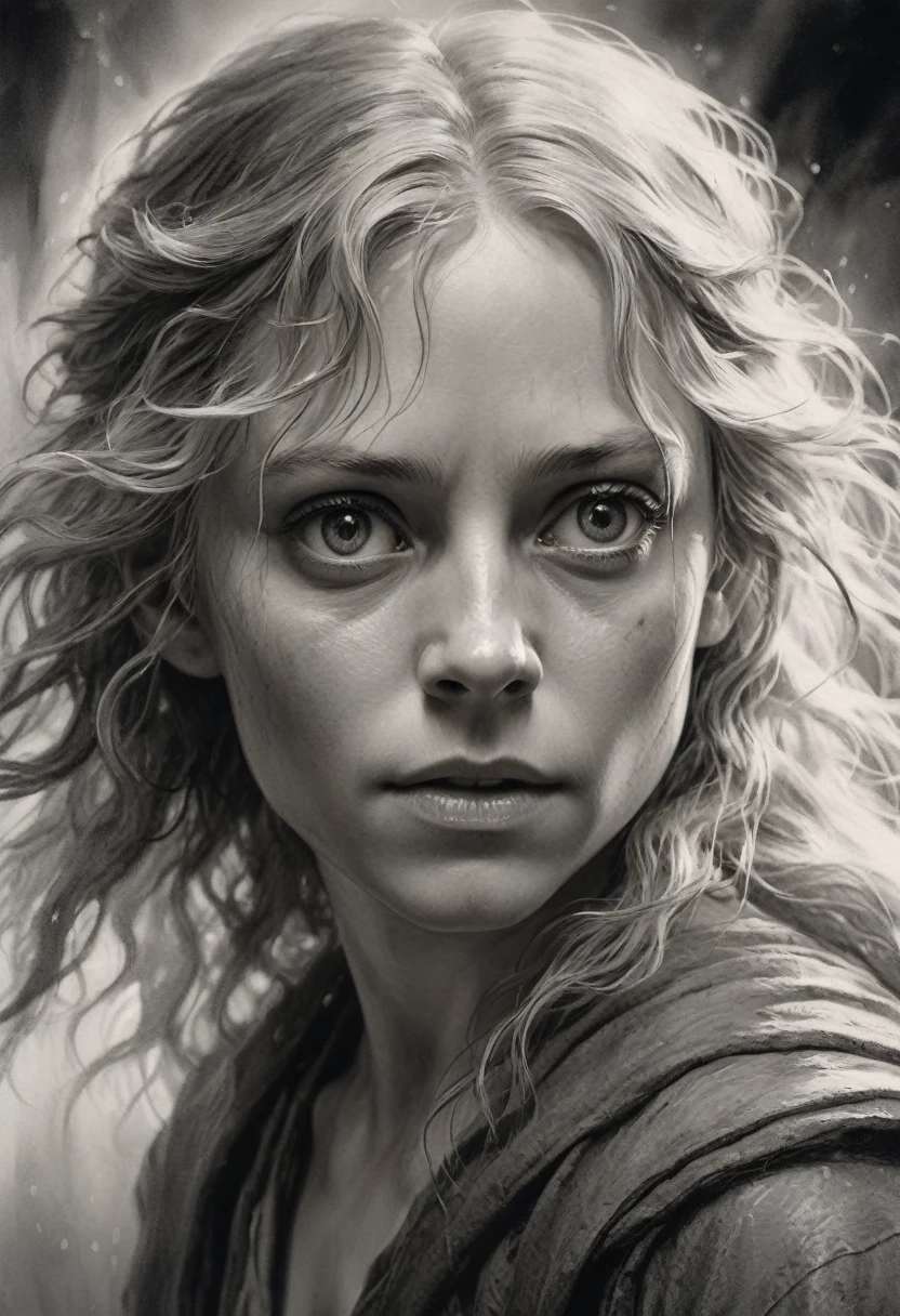 stunning black and white graphite sketch of Mariadoc Brandybuck, up close shot, from The Lord Of The Rings trilogy, in dynamic pose, by Anna Razumovskay, (by Alyssa Monks:1.1), by Joseph Lorusso, by Lilia Alvarado, beautiful lighting, sharp focus, 8k, high res, (pores:0.1), (sweaty:0.8), Masterpiece, Nikon Z9, Award - winning photograph, --ar 16:9 --style raw --stylize 750 --niji 6, perfect composition, beautiful detailed intricate insanely detailed octane render trending on artstation, 8 k artistic photography, photorealistic concept art, soft natural volumetric cinematic perfect, wide angle view 