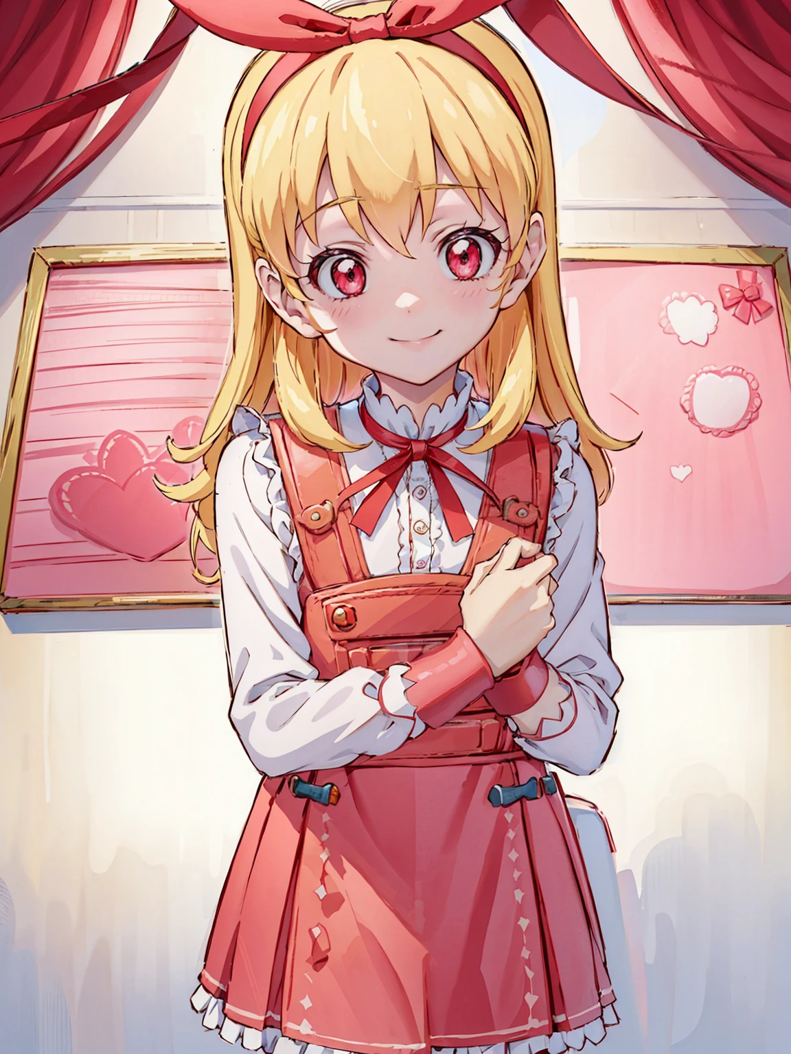 (red ribbon on hairband:1.2),NSFW, 1 girl, Blonde HAIR,(masutepiece), Best Quality, High resolution, Highly detailed, Detailed background, Perfect Lighting, Indoor, 1girl in, , Looking at Viewer, , Maid Uniform, Adorable smile, Wearing a pink school bag backpack, (Randoseru Backpack:1.0)