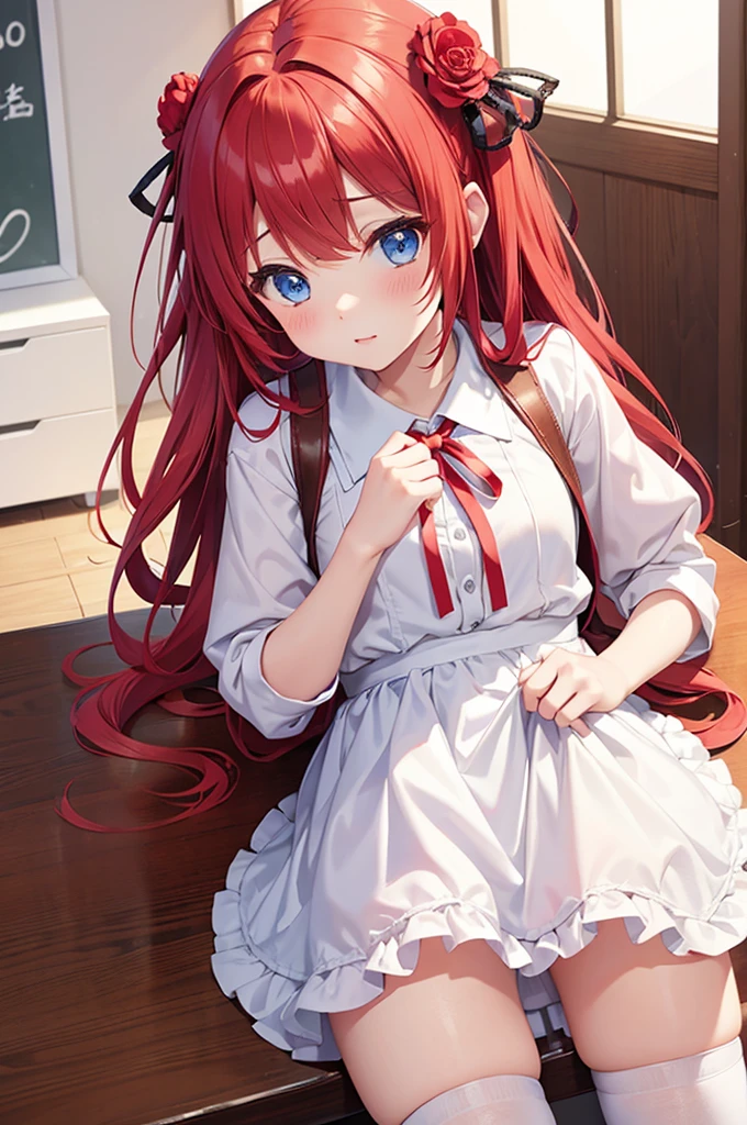 One girl、Red Hair、Ribbon decoration on head、blue eyes、Bloomers at school、Woman wearing white maja at home