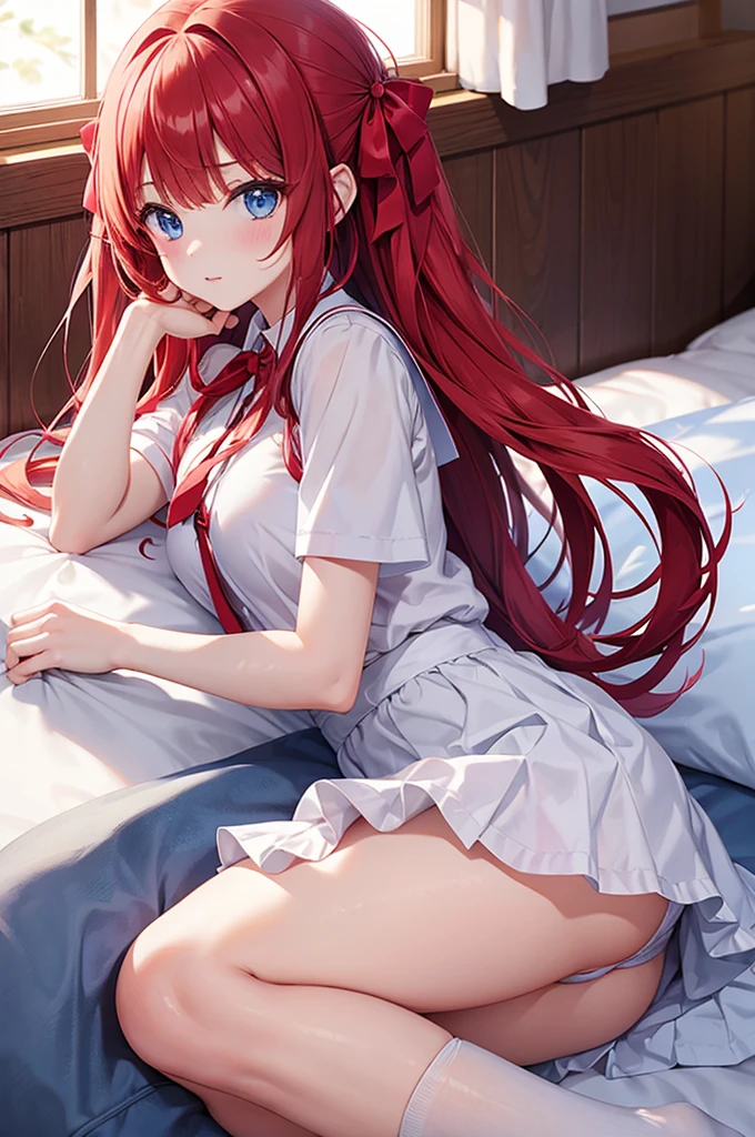 One girl、Red Hair、Ribbon decoration on head、blue eyes、Bloomers at school、Woman wearing white maja at home
