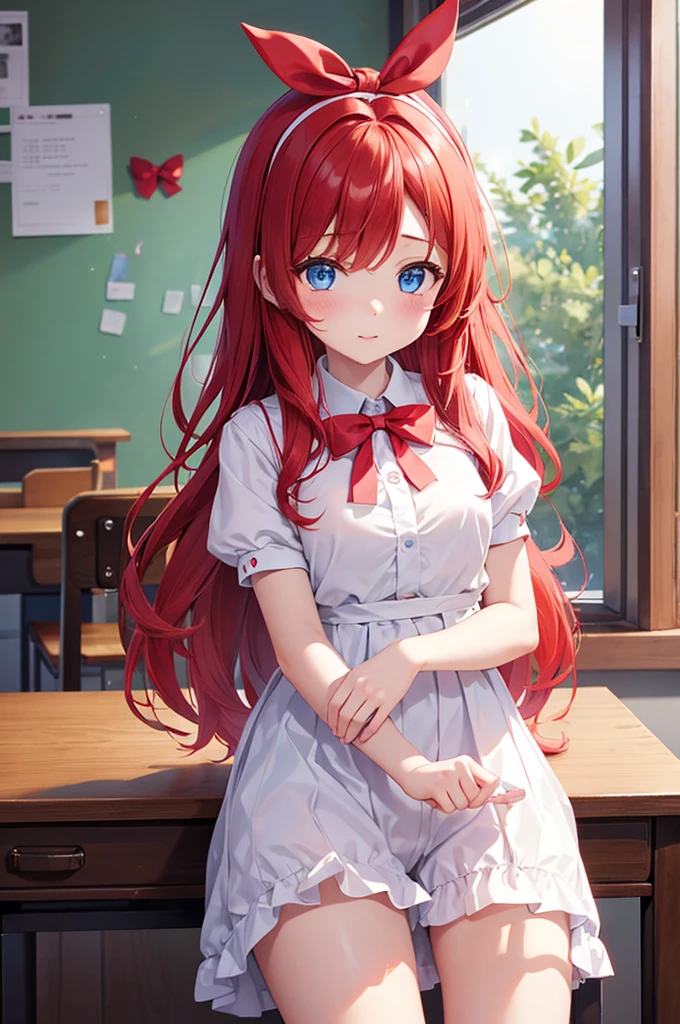 One girl、Red Hair、Ribbon decoration on head、blue eyes、Bloomers at school、Woman wearing white maja at home