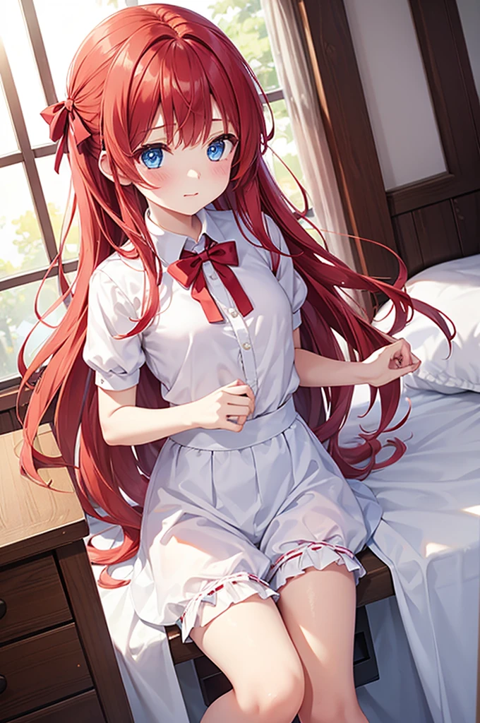 One girl、Red Hair、Ribbon decoration on head、blue eyes、Bloomers at school、Woman wearing white maja at home