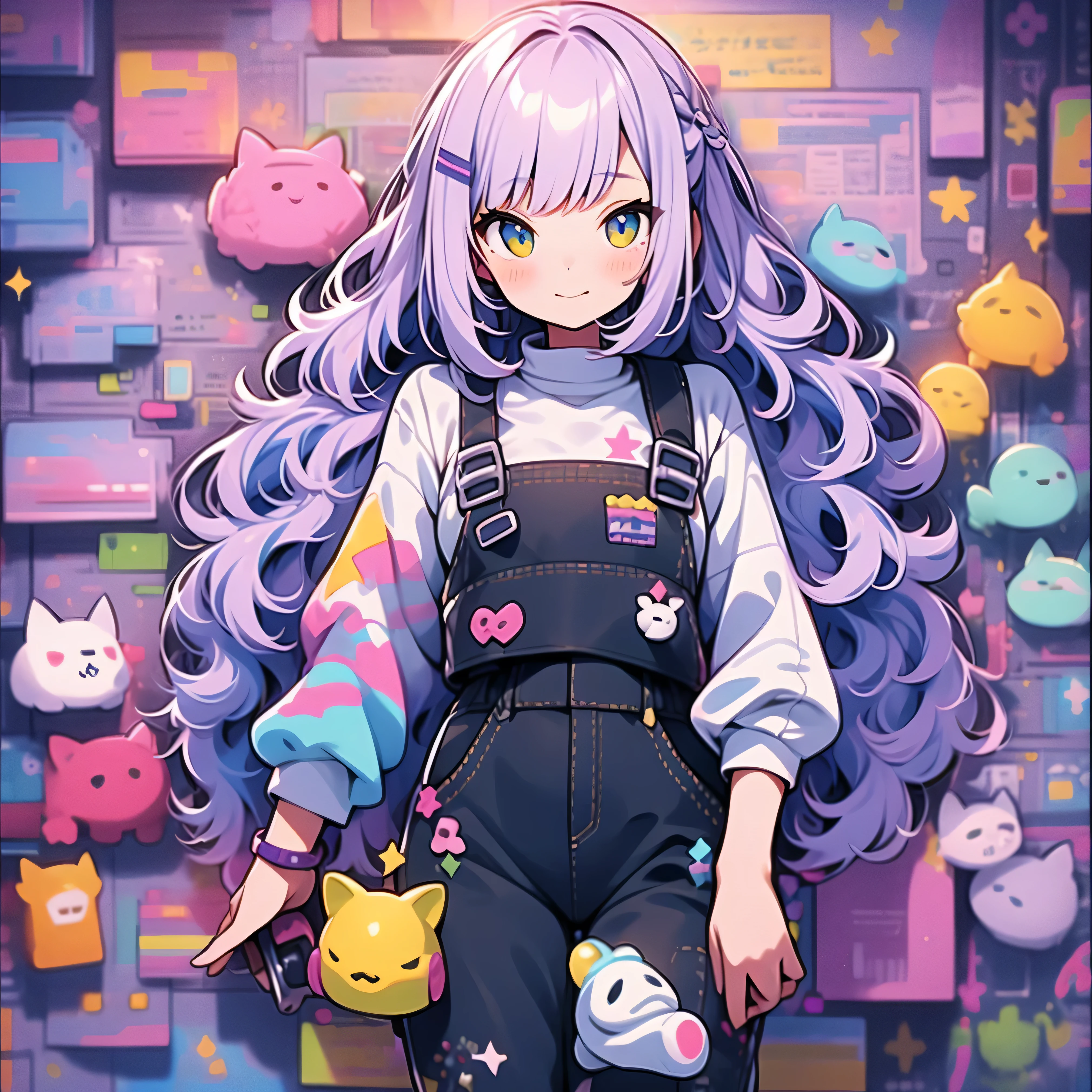 Neko girl with lavender dungarees, long lavender hair, a playful colorful sweater, and colorful rubber boots