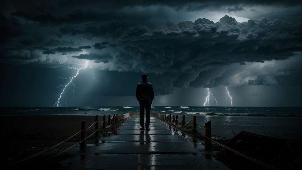 a shocking and dramatic setting. An individual is shown with his back facing a dark and stormy horizon, with threatening clouds and lightning illuminating the sky. At his feet, you can see a path full of obstacles and debris, symbolizing the challenges that stand in his way. The expression of concern on the character's face reflects the feeling of being overwhelmed by the magnitude of the challenges presented.