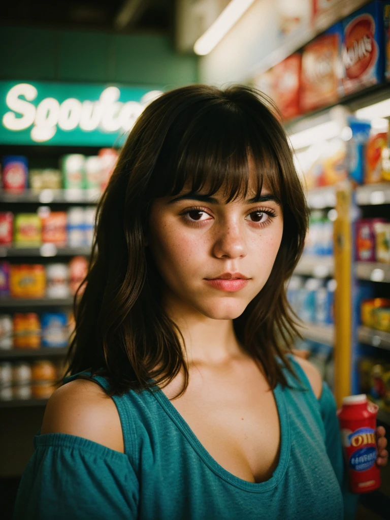 Close-up portrait photo of a young brunette woman taken at a convenience store during the night, low quality image, exhibiting a grainy texture, jpg artifacts, film grain, gritty, raw aesthetic