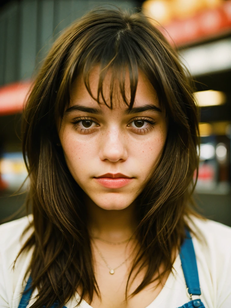 Close-up portrait photo of a young brunette woman taken at a convenience store during the night, low quality image, exhibiting a grainy texture, jpg artifacts, film grain, gritty, raw aesthetic