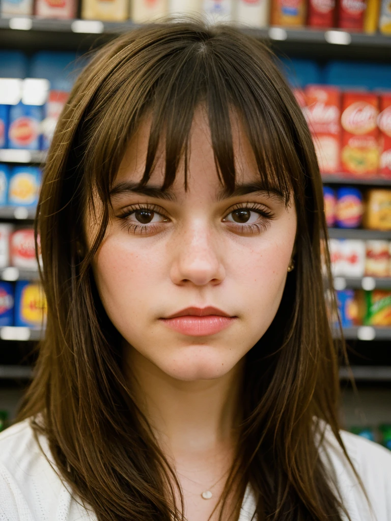 Close-up portrait photo of a young brunette woman taken at a convenience store during the night, low quality image, exhibiting a grainy texture, jpg artifacts, film grain, gritty, raw aesthetic