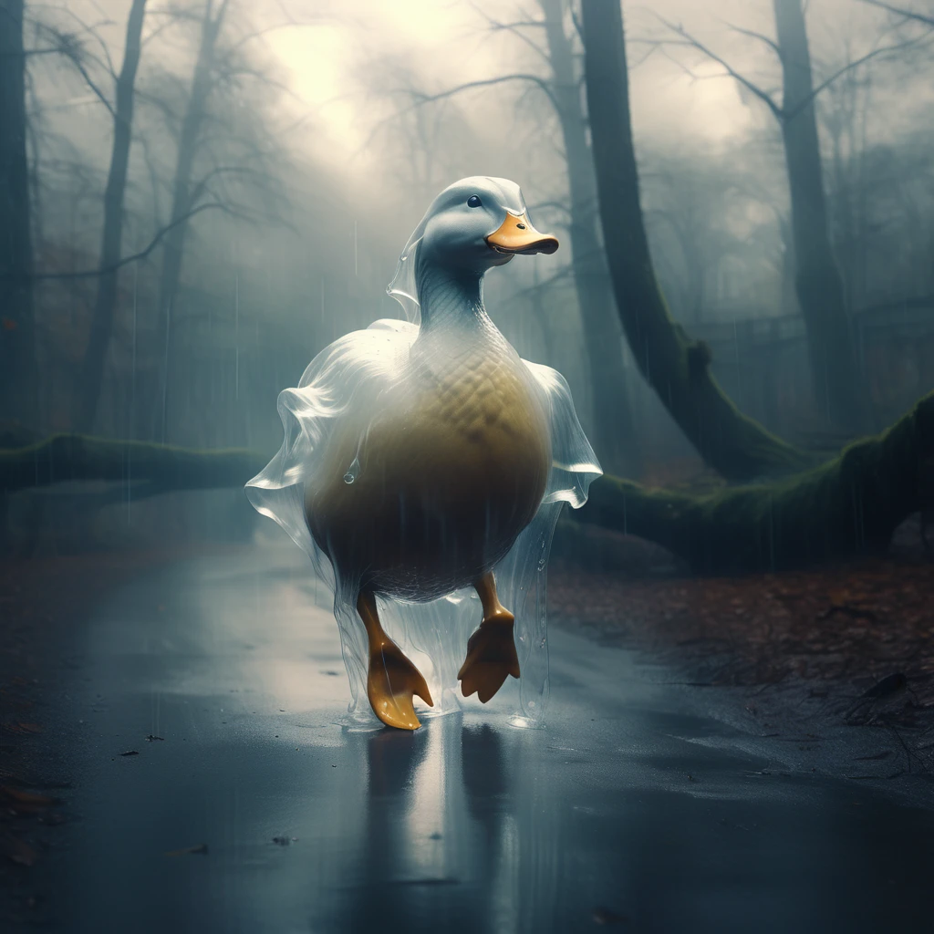 a (translucent ghost grey duck:1.1) running, forest, raining,
8k, high quality, surreal,