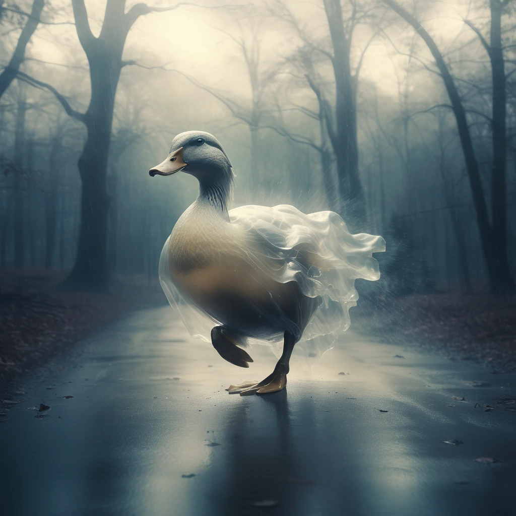 a (translucent ghost grey duck:1.1) running, forest, raining,
8k, high quality, surreal,
