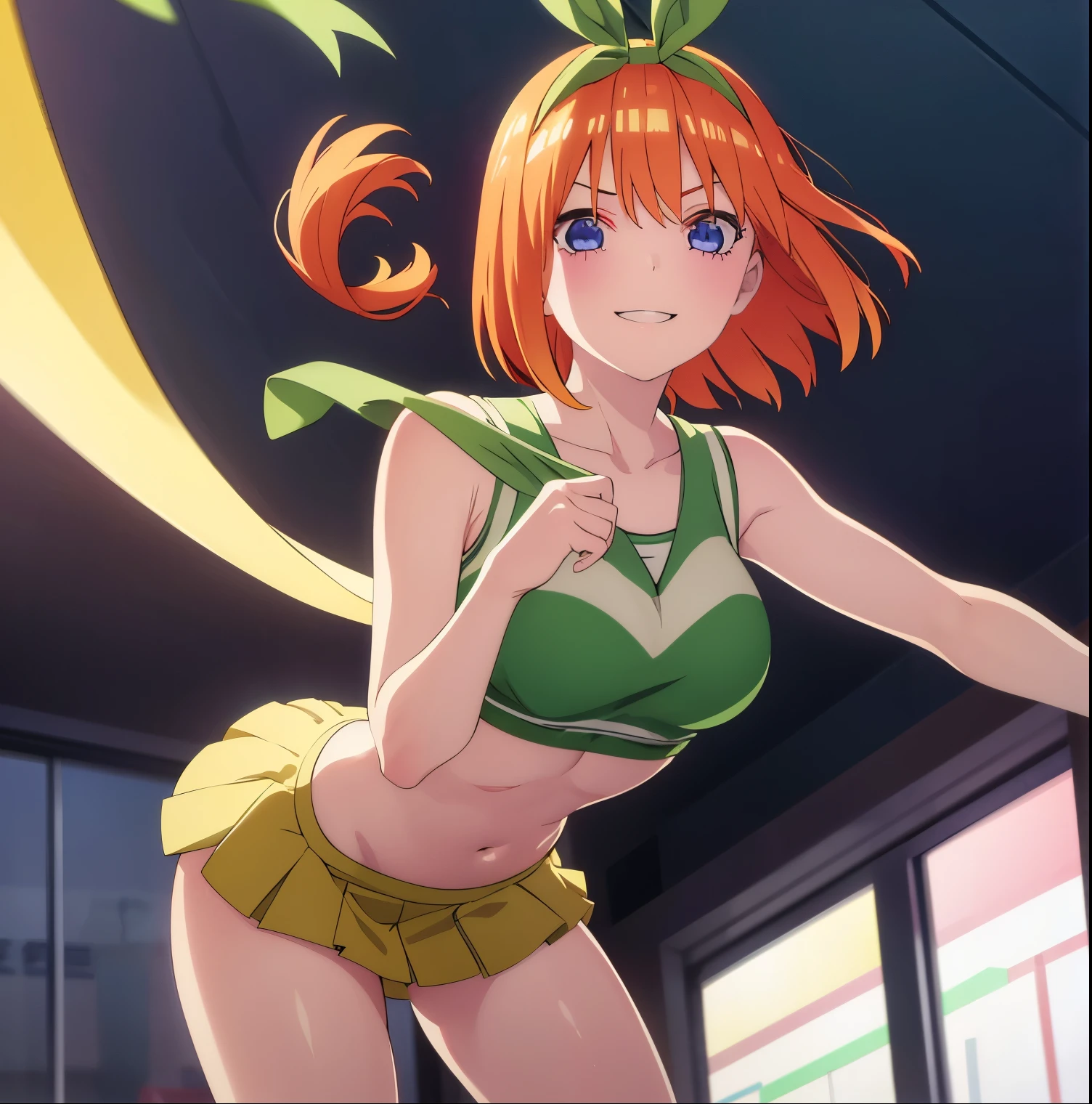 1 girl, alone, yotsuba nakano, masterpiece, detailed, cowboy photo, looking at viewer, best quality, high resolution, good lighting, dynamic posture, curvy body, short hair, orange hair, headband, green headband, headband, green bow, neckline, ((cheerleader uniform)), pompom \(cheerleading\), smile, standing, ((bare abdomen)), ((short skirt)), ((bare legs)), smile, (( 1girl)),((only)), indoor, stadium, large breasts, medium waist, wide hips, medium thighs, round butt, standing, facing forward, focus on breasts, point of view (from middle), perfect anatomy, perfect hands