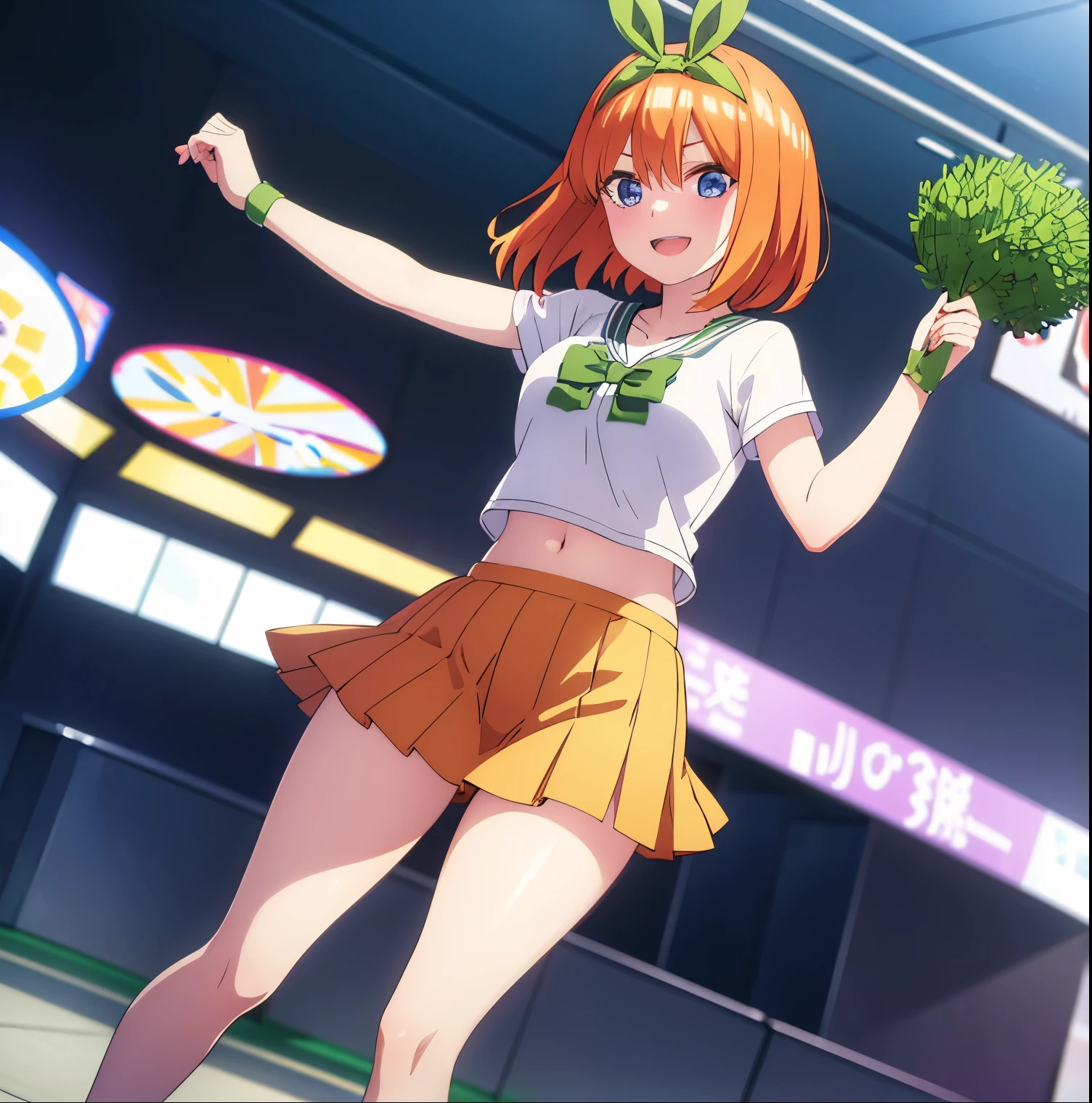 1 girl, alone, yotsuba nakano, masterpiece, detailed, cowboy photo, looking at viewer, best quality, high resolution, good lighting, dynamic posture, curvy body, short hair, orange hair, headband, green headband, headband, green bow, neckline, ((cheerleader uniform)), pompom \(cheerleading\), smile, standing, ((bare abdomen)), ((short skirt)), ((bare legs)), smile, (( 1girl)),((only)), indoor, stadium, large breasts, medium waist, wide hips, medium thighs, round butt, standing, facing forward, focus on breasts, point of view (from middle), perfect anatomy, perfect hands