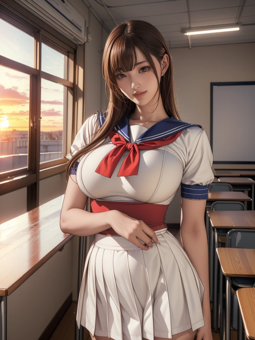 (8K,Realistic, Tabletop, Highest quality, RAW Photos:1.3)、One Girl, 18-year-old,alone,high school girl, Long Hair, Brown Hair, Beautiful face in every detail, Attractive face, (Beautiful brown eyes in every detail:1.2), Medium chest,(Underbust:1.3),(Covered nipples:1.1),(Loose Sailor Uniform :1.35), ( Slim beauty with perfect body: 1.4),( Seductive Pose:1.3), (View your viewers, Front view,Eyes focus:1.2), Detailed Background, (sunset:1.2), classroom,Fine details, Intricate details,  Ray Tracing, Depth of written boundary, Captivating smile, classroom, big breast, wide hip