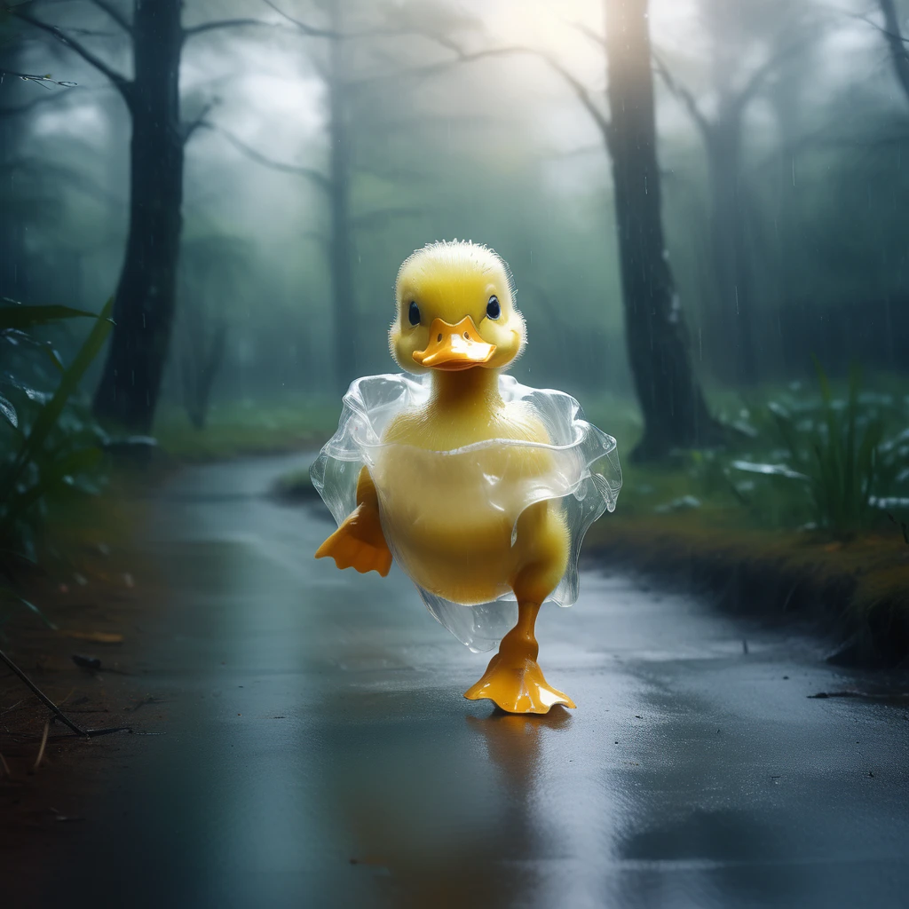 a (translucent ghost grey baby duck:1.1) running, forest, raining,
8k, high quality, surreal,