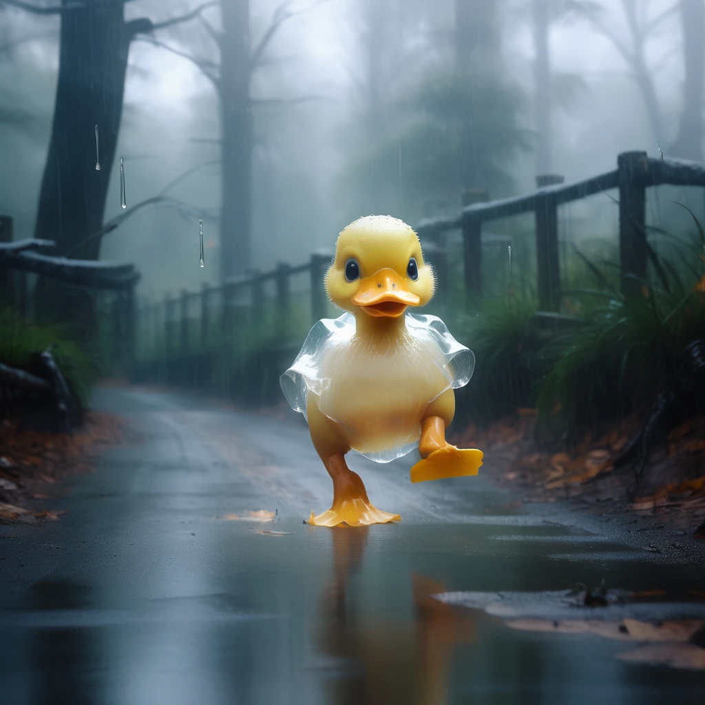 a (translucent ghost grey baby duck:1.1) running, forest, raining,
8k, high quality, surreal,